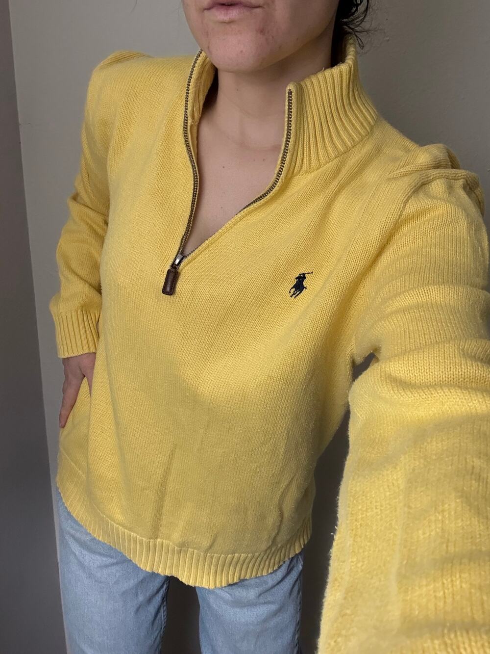 Vintage Polo Ralph Lauren butter yellow Quarter zip collegiate preppy 90s y2k